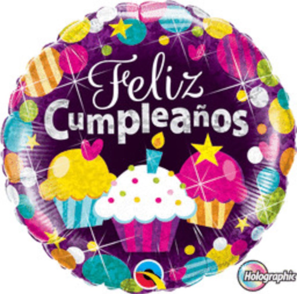 Round 18-inch foil balloon with colorful cupcakes, confetti, stars, and "Feliz Cumpleaños" text on a dark purple background.