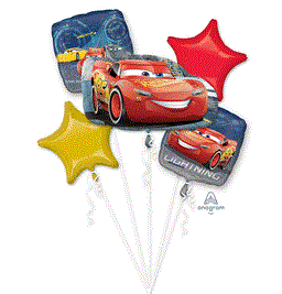 Disney Cars 3 balloon bouquet with colorful foil character balloons including red car Lightning McQueen, red and yellow.