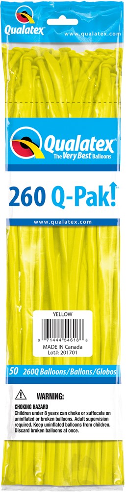 Pack of 50 bright yellow latex balloons in cylindrical packaging labeled Qualatex 260 Q-Pak.