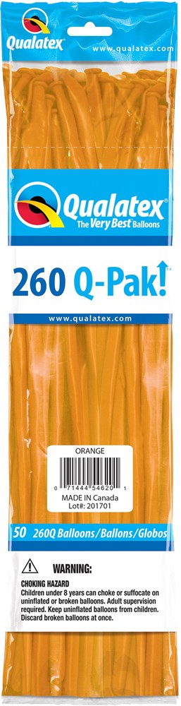 Bright orange long, thin latex balloons in sealed plastic packaging labeled Qualatex 260 Q-Pak 50 count.