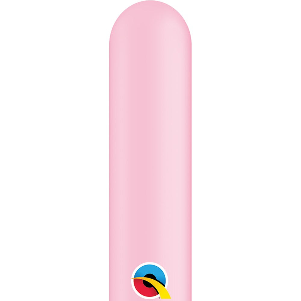 Long, narrow pink latex balloon with a rounded end, typical of 260Q twisting balloons.