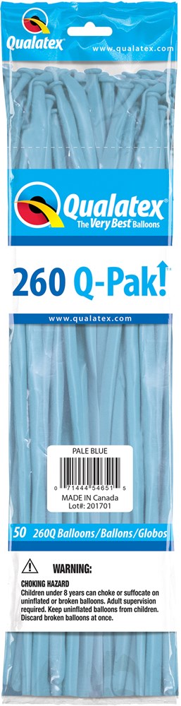 Pale blue 260Q Qualatex latex balloons, 50 count, long twisting balloons in sealed plastic pack.