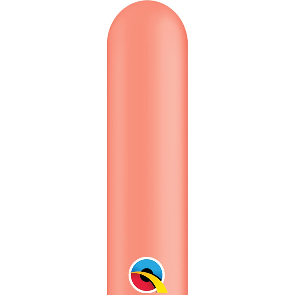 Long coral-colored latex balloon with a smooth, shiny surface and a small Qualatex logo near the base.