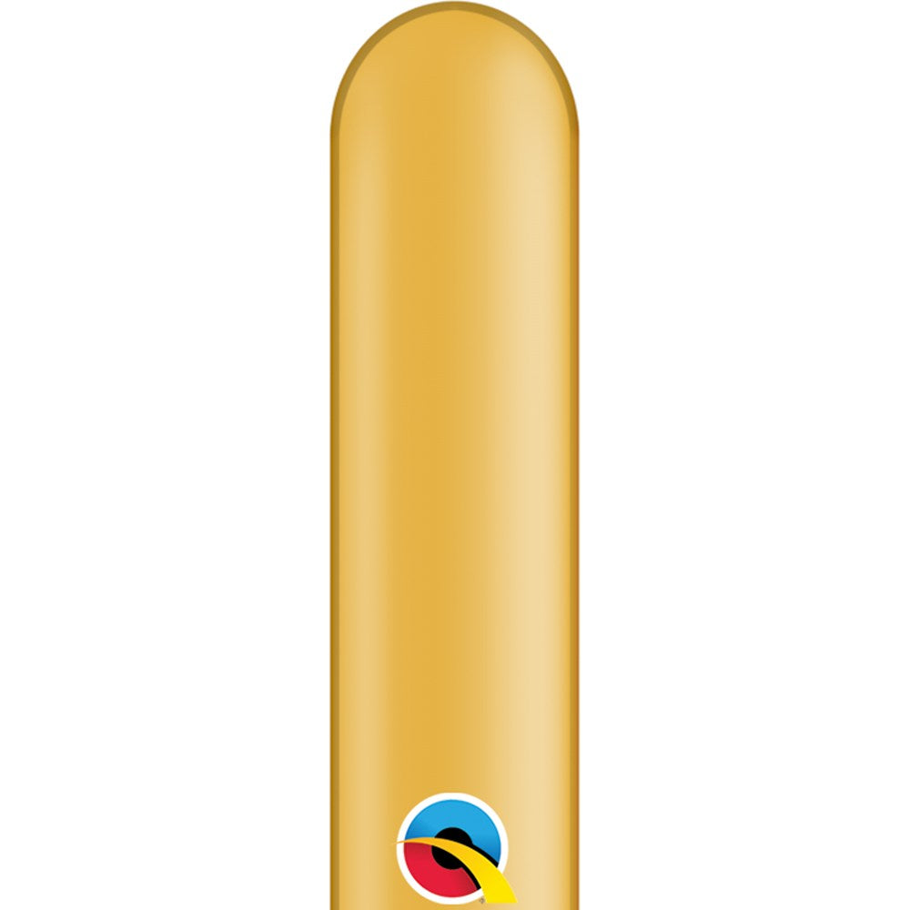 Glossy gold latex balloon in a long, narrow 260Q twisting shape with Qualatex logo near the bottom.