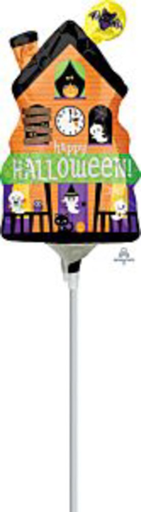 Orange and black Halloween haunted house foil balloon with bats and "Halloween" sign, 14 inches flat.