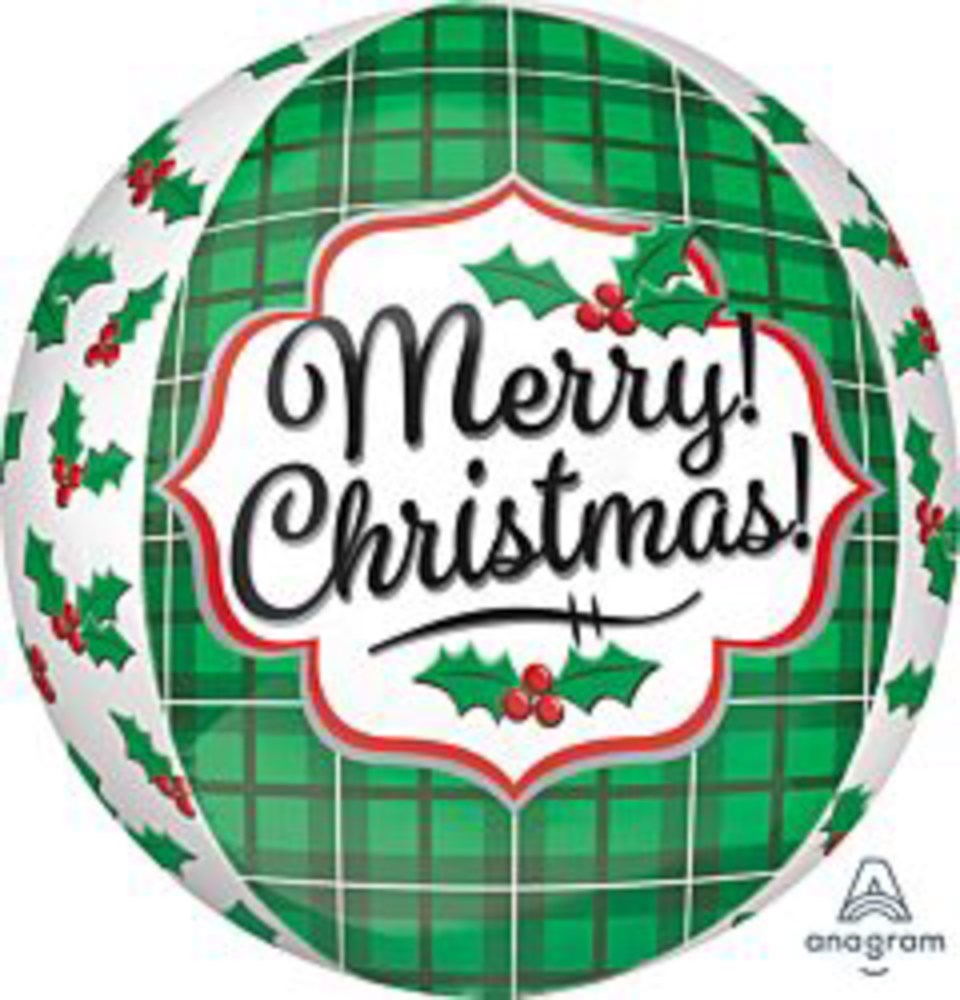 16-inch round foil balloon with green plaid background, "Merry Christmas!" text, and holly accents.