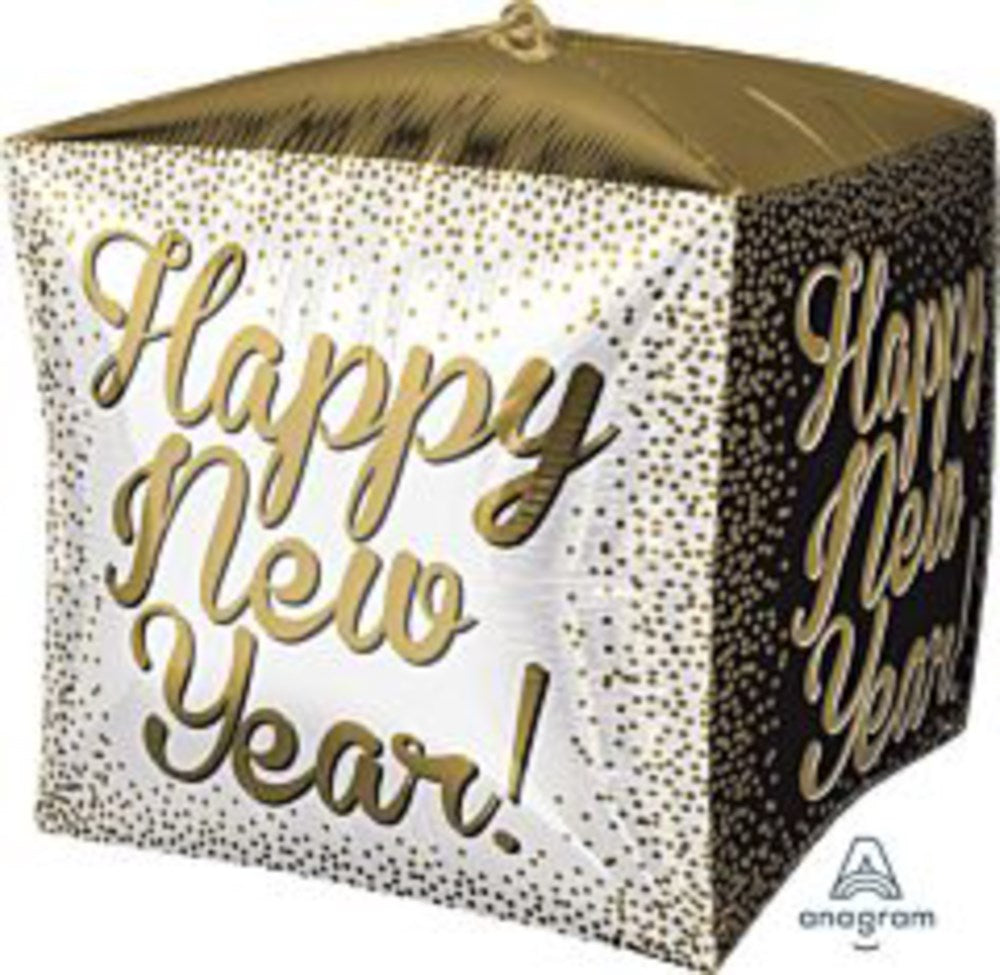 15-inch white cube foil balloon with gold "Happy New Year!" text and gold confetti design.