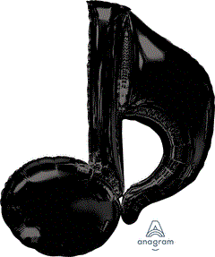 Black foil balloon shaped like a music eighth note, 35 inches tall with a glossy finish.