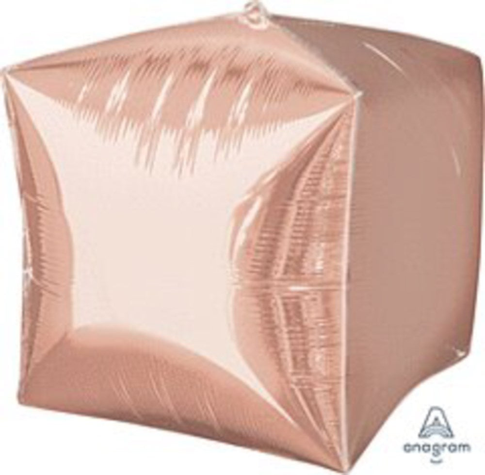 Rose gold metallic foil balloon shaped as a 15-inch cube with a smooth, shiny surface.