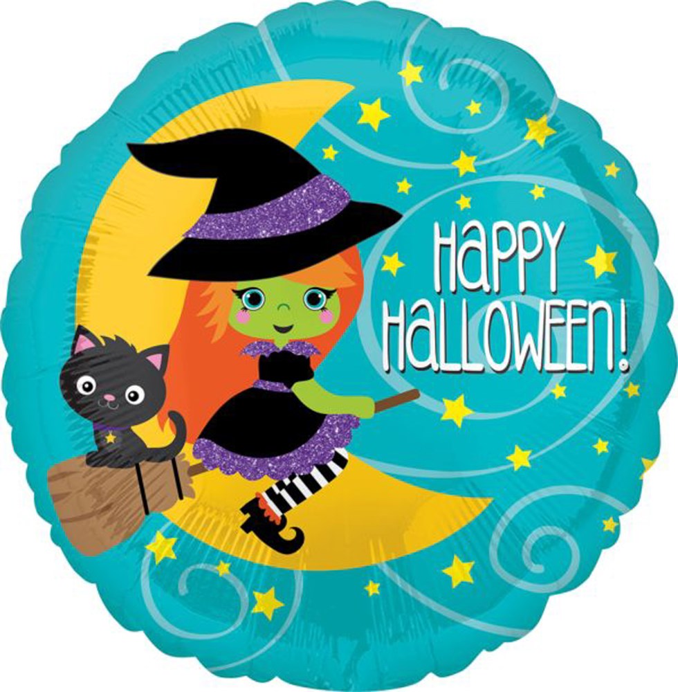 18-inch round foil balloon with green witch, black cat, crescent moon, and "Happy Halloween!" text on teal background.