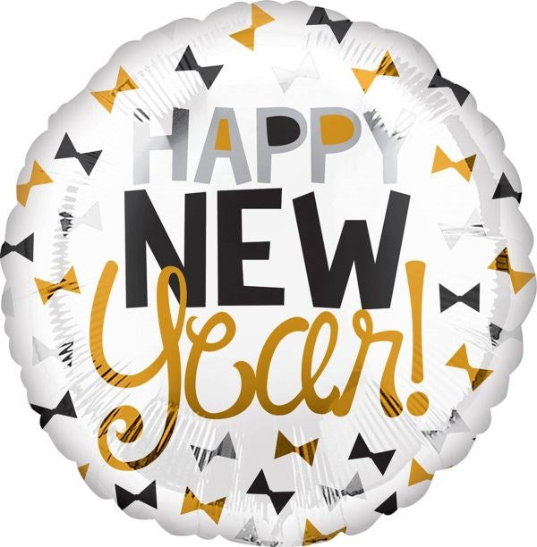 Round white foil balloon with black, gold, and silver bow ties and "Happy New Year!" text in black, gold, and silver.