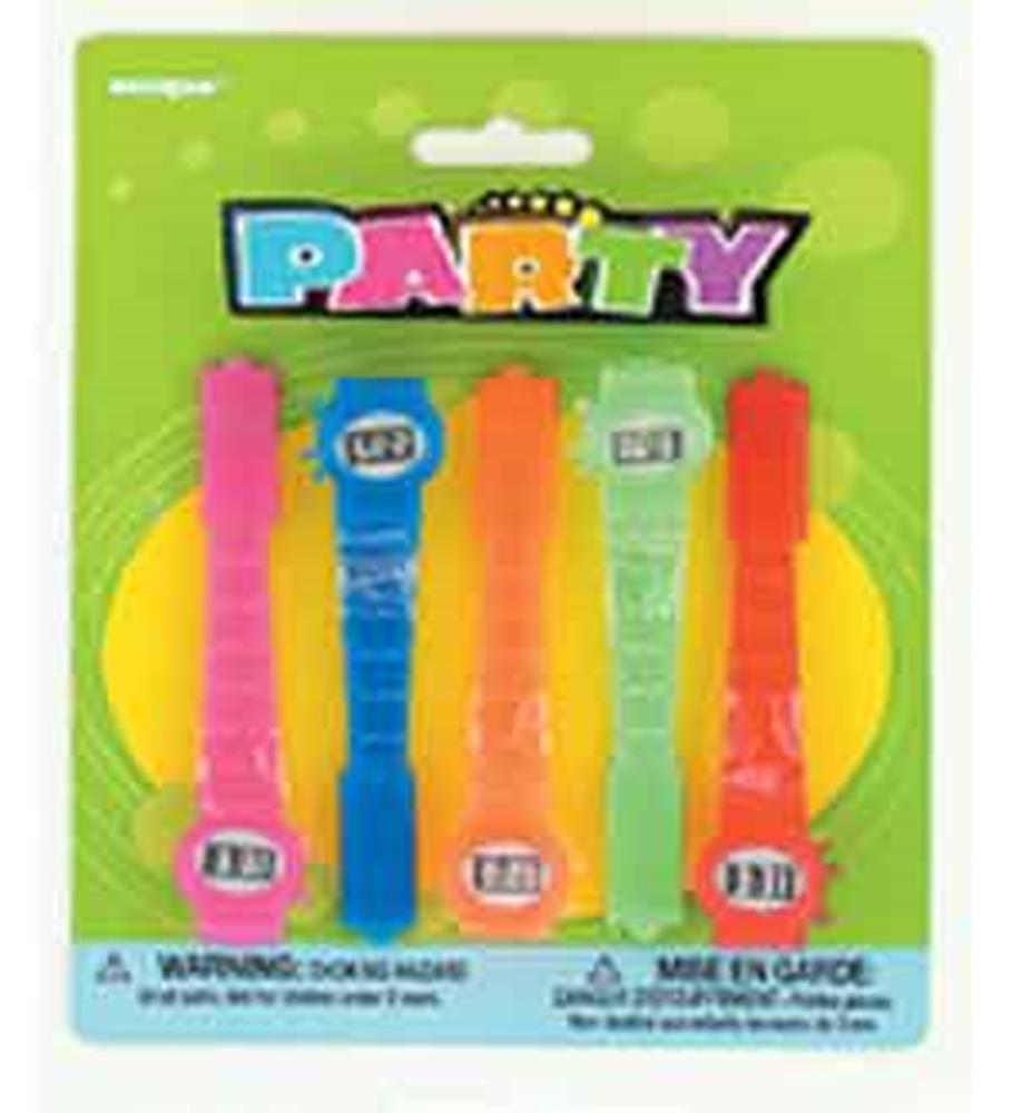 Set of five colorful digital party watches in pink, blue, orange, green, and red with rectangular faces and flexible plastic