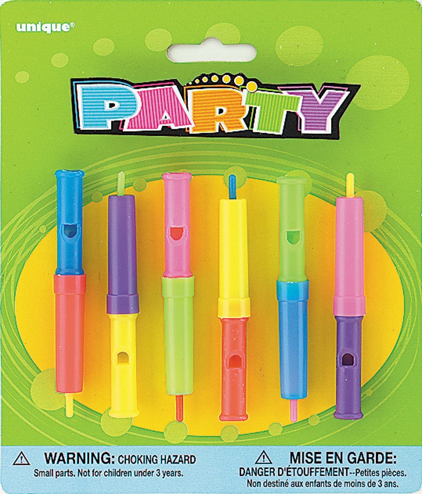 Colorful whistle slide flutes in blue, orange, purple, pink, yellow, and red on a green and yellow party-themed card.