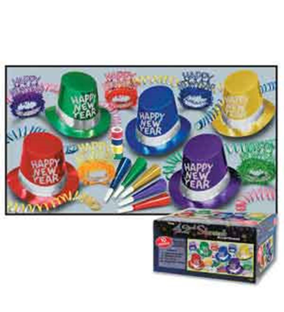 Colorful plastic top hats in green, blue, red, purple, and yellow with "Happy New Year" text, paired with matching party.