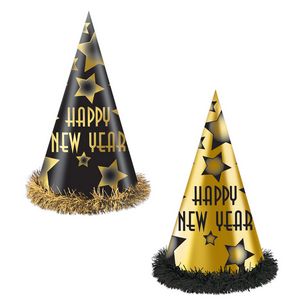 Black and gold cone party hats with "Happy New Year" text, star designs, and tinsel trim.