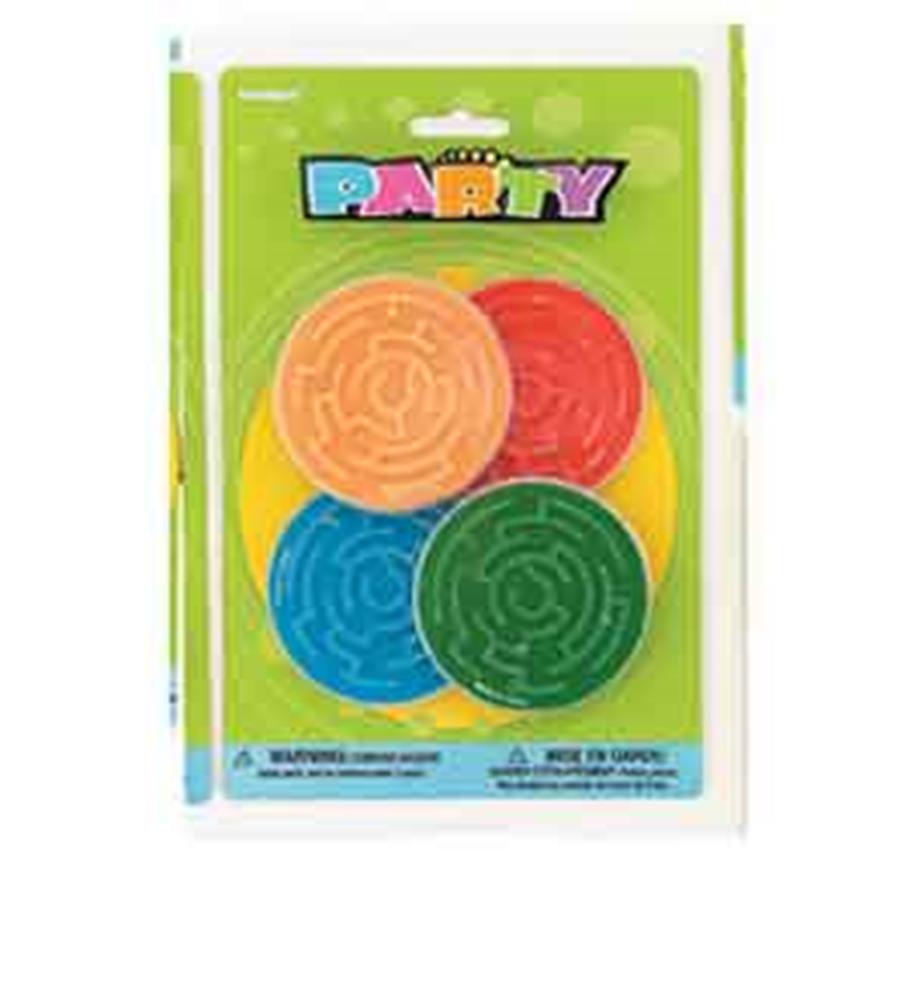Set of four colorful round maze puzzles in orange, red, blue, and green on a green backing card labeled "Party".