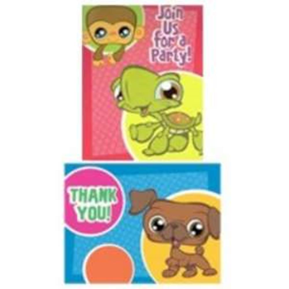 Colorful Littlest Pet Shop birthday invitations featuring cartoon turtle and puppy characters with bold text and bright.