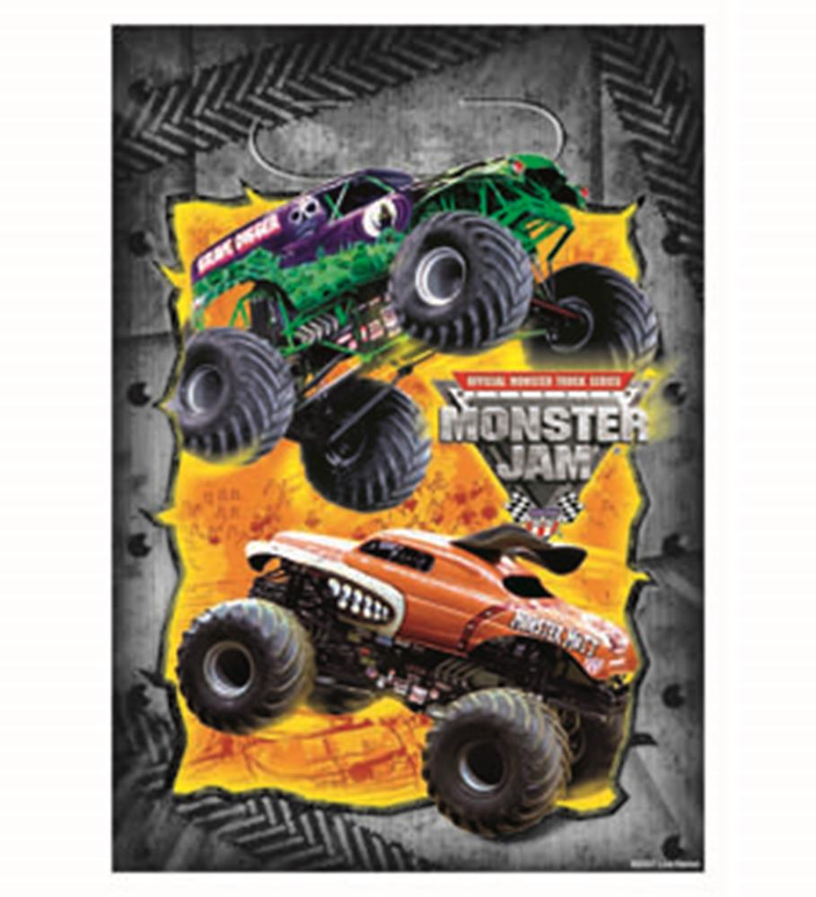 Black loot bag with textured tire tread border and artwork of green and orange monster trucks on yellow background.
