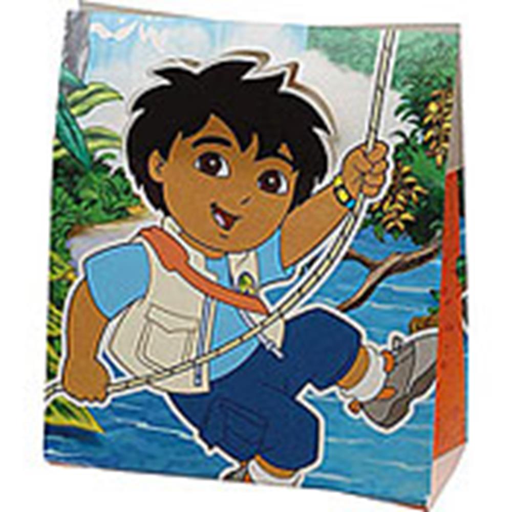 Colorful paper treat box featuring animated boy with brown hair swinging on a vine in a jungle setting.