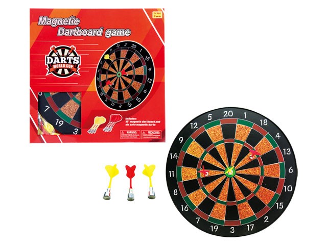 Magnetic dartboard game with black and orange segmented board, three red and yellow magnetic darts, and red packaging box.