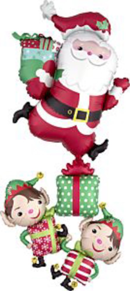 63-inch foil balloon stacker featuring Santa Claus in red suit with sack, and two elves holding green and red wrapped gifts.