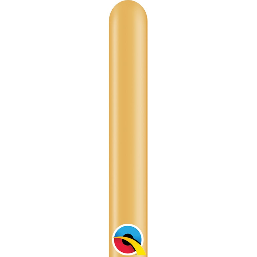Long, cylindrical gold latex balloon with a smooth, shiny surface and rounded tip.