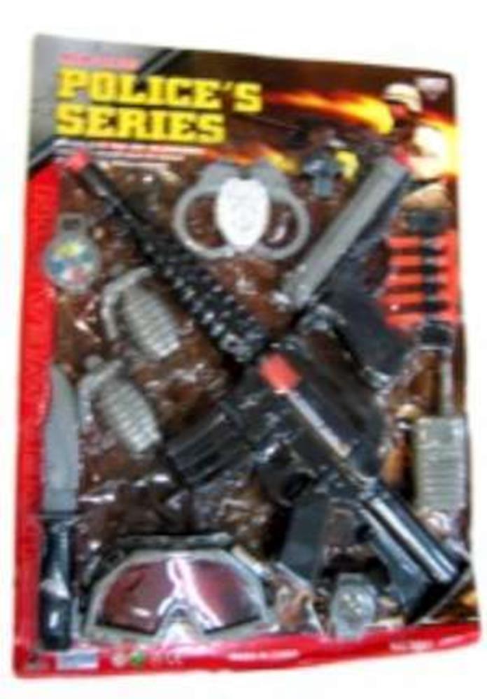 Black toy pistol and revolver with red accents, plastic handcuffs, grenades, binoculars, and goggles in a clear blister pack