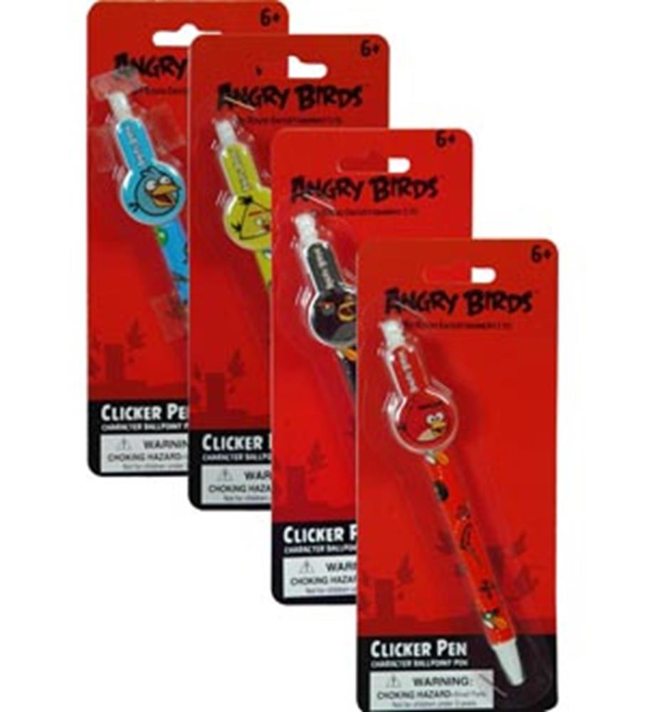 Set of four Angry Birds clicker pens in blue, yellow, black, and red with character-themed designs on red blister cards.