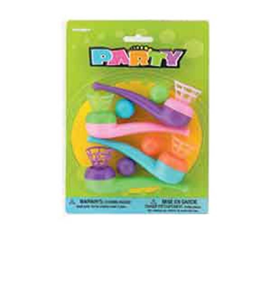 Set of four colorful plastic blowpipes with balls, packaged on a green backing card labeled "Party".