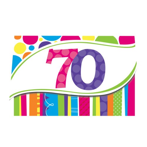 Colorful 70th birthday invitation with large pink and purple "70" numbers and vibrant striped and polka dot borders.