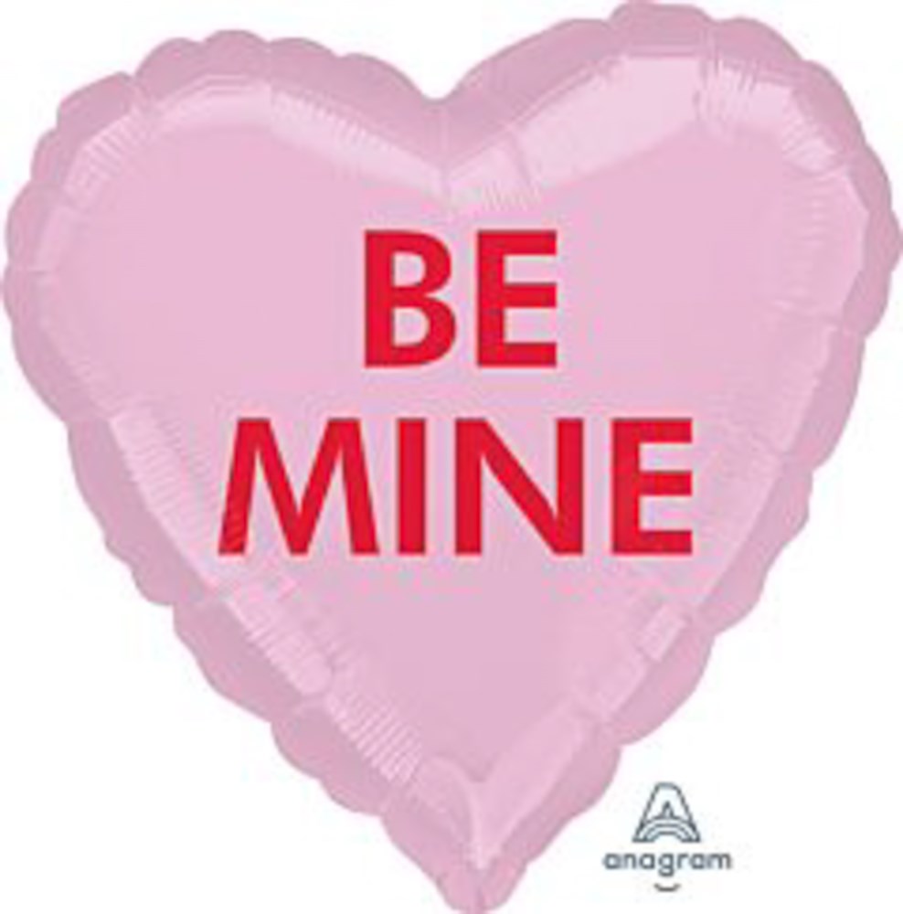 Pink heart-shaped foil balloon with red "BE MINE" text and a glossy finish.