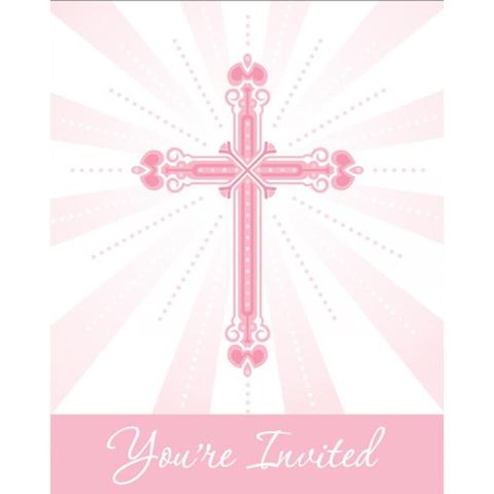 Pink invitation card with a decorative cross and "You're Invited" in white script text.