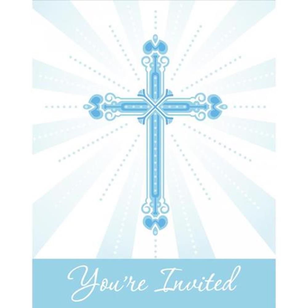 Blue ornamental cross with heart details above light rays background and "You're Invited" in white script on blue banner.