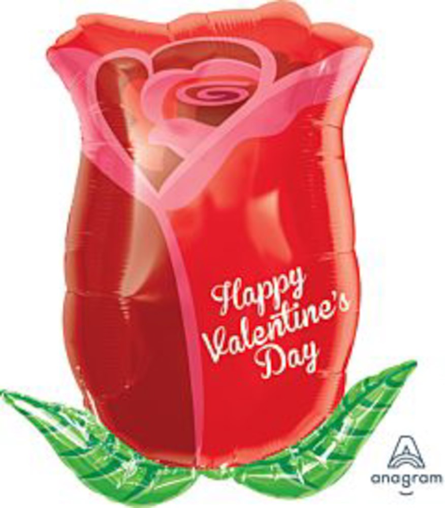 Red foil balloon shaped like a rose bud with green foil leaves and "Happy Valentine's Day" text in white.