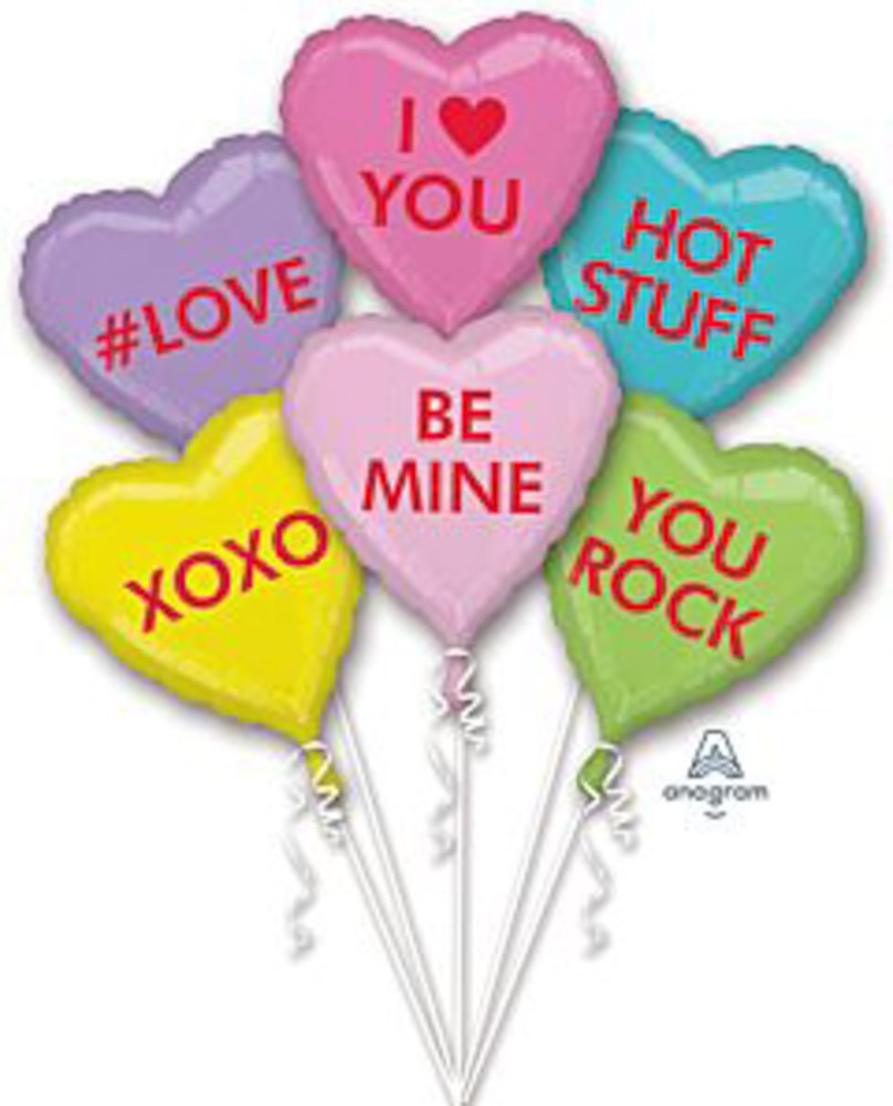 Set of six foil heart-shaped balloons in pink, purple, blue, yellow, green, and light pink, each with Valentine-themed.