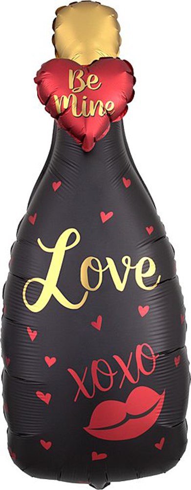 Black foil balloon shaped like a champagne bottle with red heart-shaped balloon topper saying "Be Mine" and gold "Love".