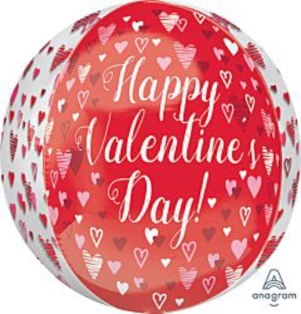 Red and white round foil balloon with various heart designs and "Happy Valentine Day!" text in cursive font.