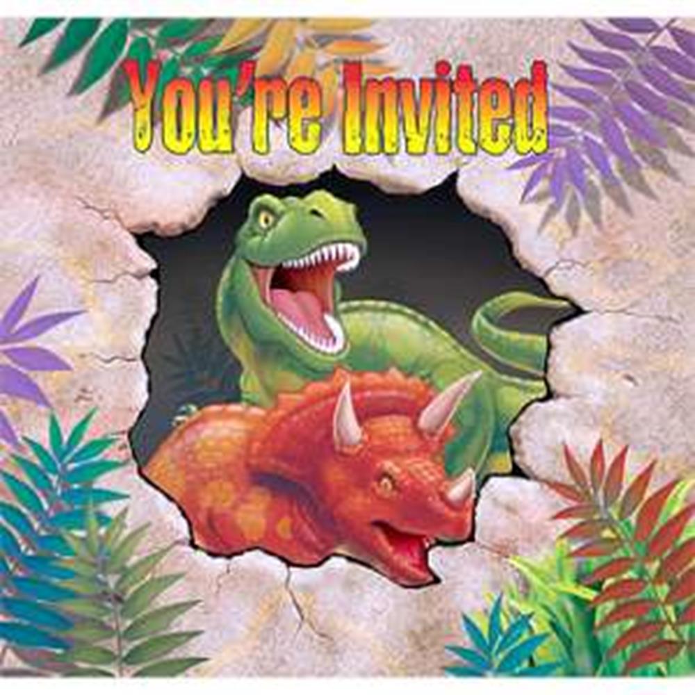 Colorful dinosaur-themed birthday invitation with a green T-Rex and orange triceratops breaking through a stone wall.