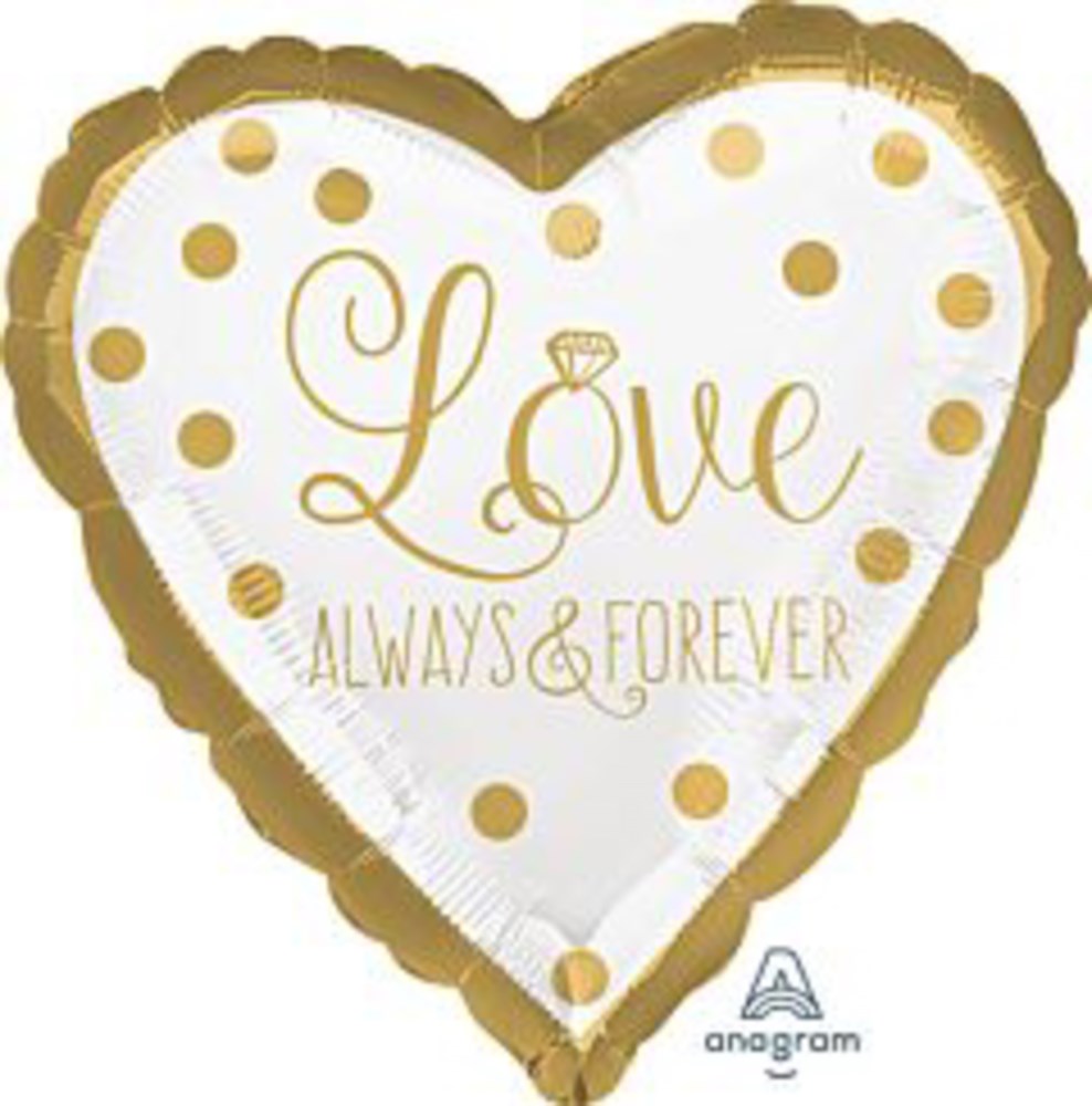 Heart-shaped foil balloon with gold polka dots and "Love Always & Forever" text in gold on white with a metallic gold border.