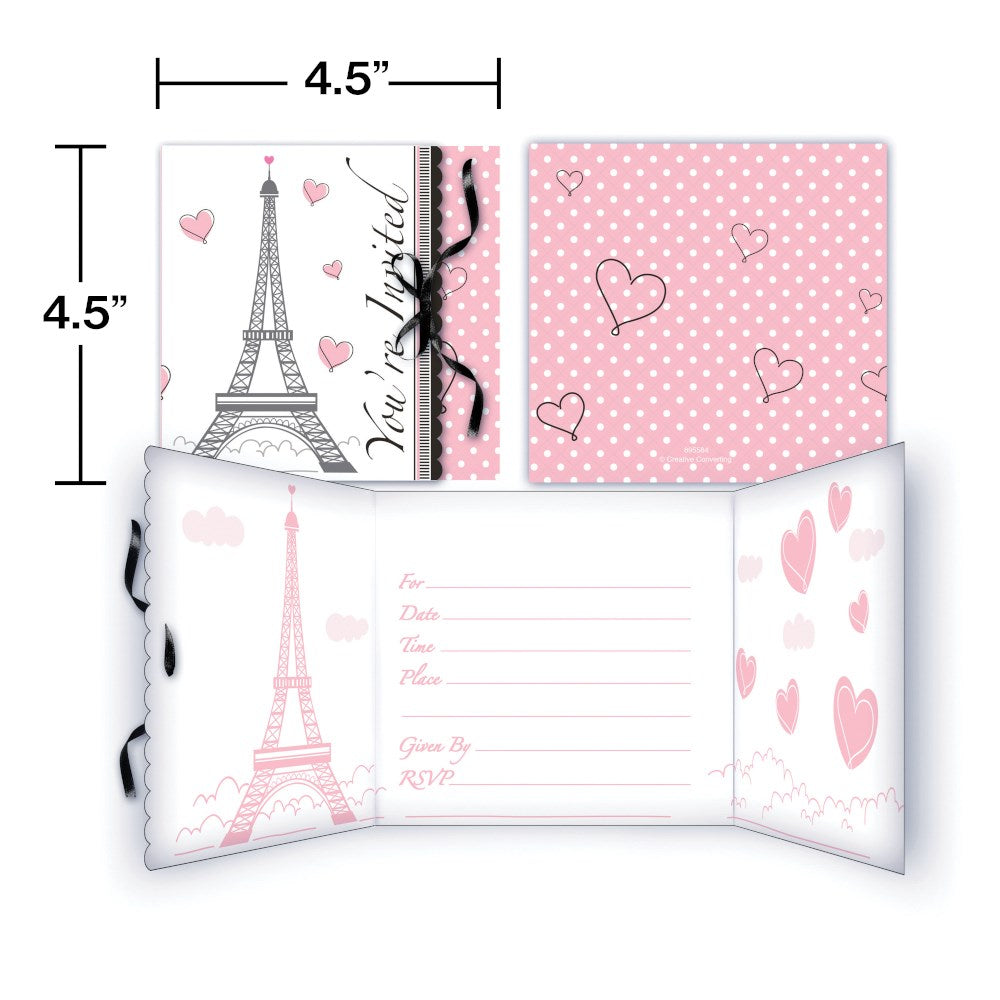 Set of 8 pink and white Paris-themed birthday invitations featuring Eiffel Tower, hearts, and polka dots.