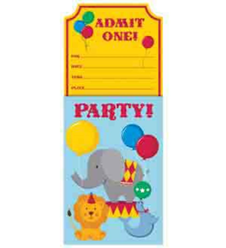Yellow and blue circus-themed birthday invitations featuring cartoon elephant, lion, balloons, and "Admit One" and "Party!".