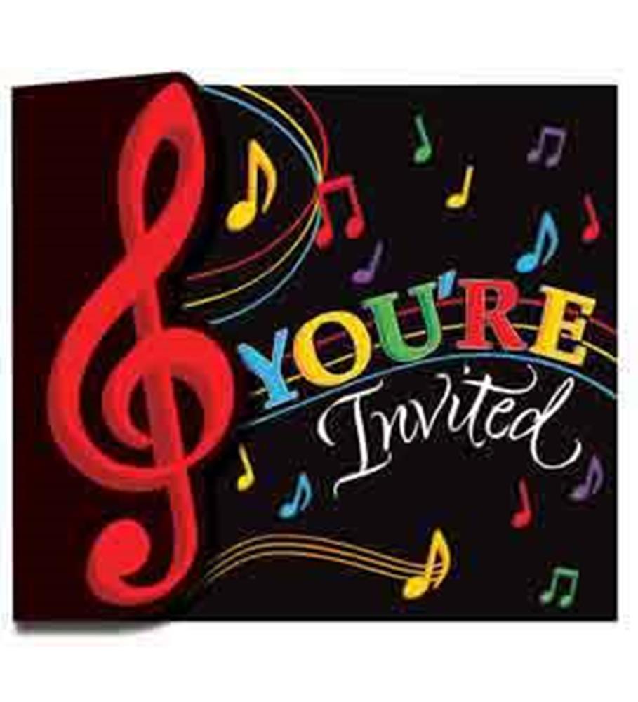 Black rectangular birthday invitation with large red treble clef, colorful dancing musical notes, and multicolored text.