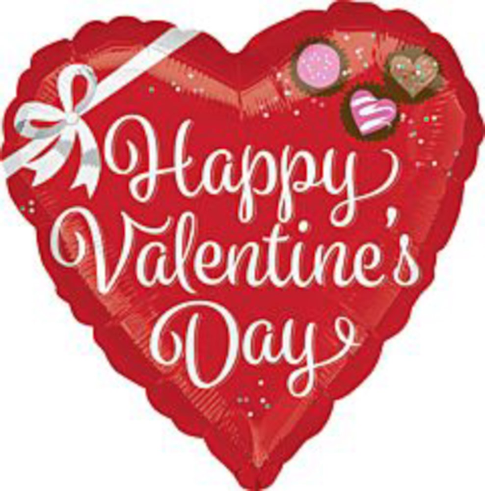 Red heart-shaped foil balloon with white "Happy Valentine's Day" text, pink and brown candy illustrations, and white ribbon.