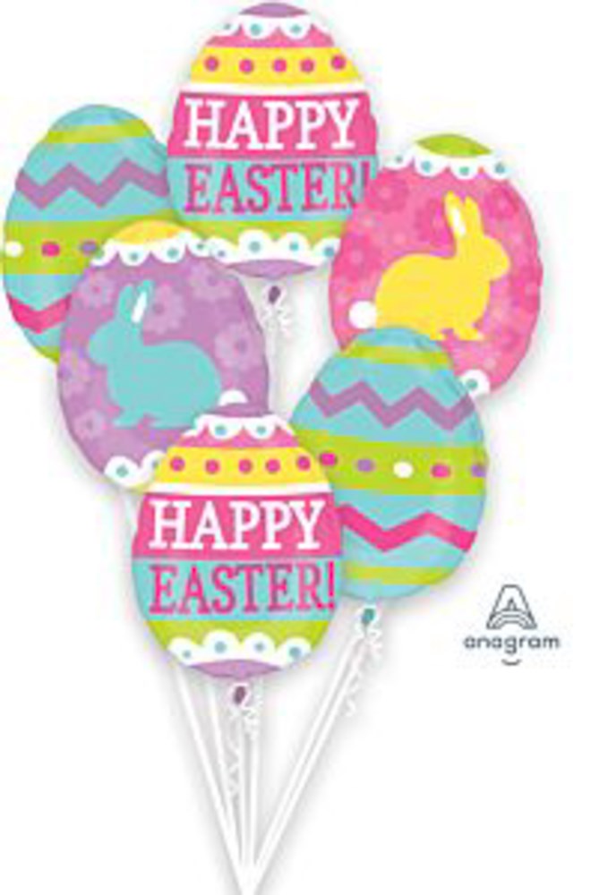 Colorful foil balloons shaped like Easter eggs with pastel patterns, yellow and blue bunny silhouettes, and "Happy Easter!".
