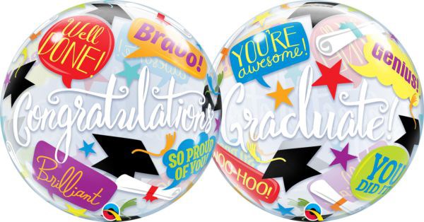 22-inch clear bubble balloon printed with colorful graduation-themed words, stars, and caps.