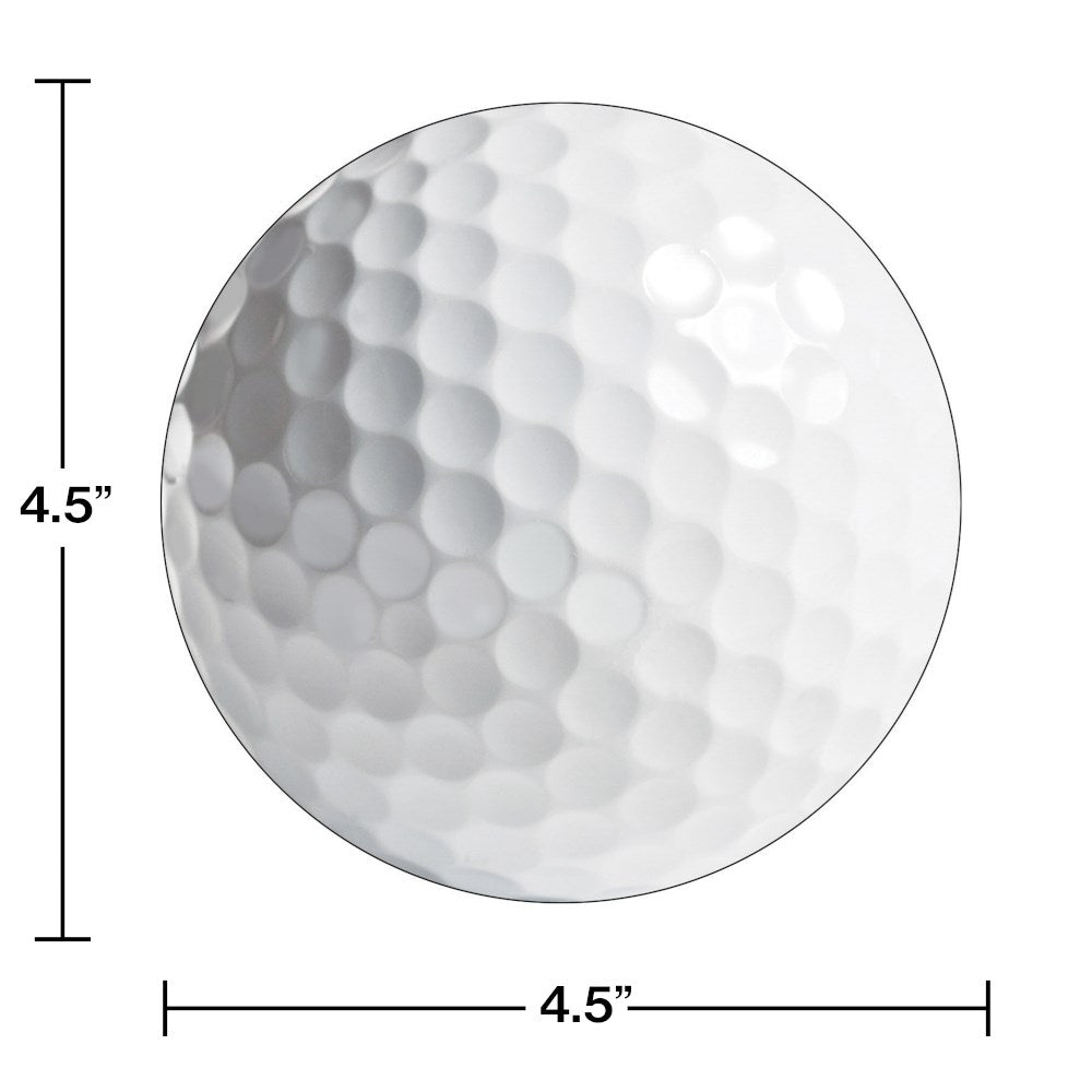 Round white postcard shaped like a golf ball with dimpled texture, 4.5 inches diameter.