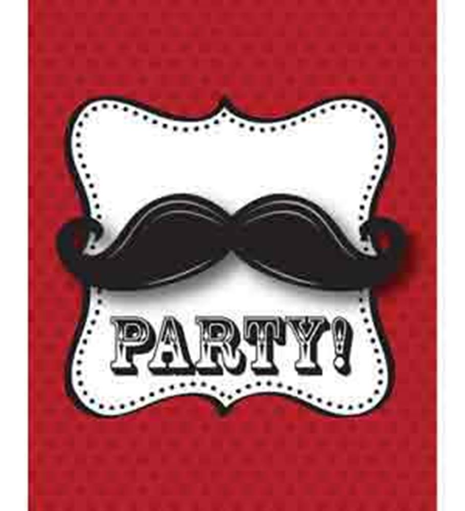 Red background birthday invitation with a white ornate frame, black curled mustache, and "PARTY!" in bold black letters.