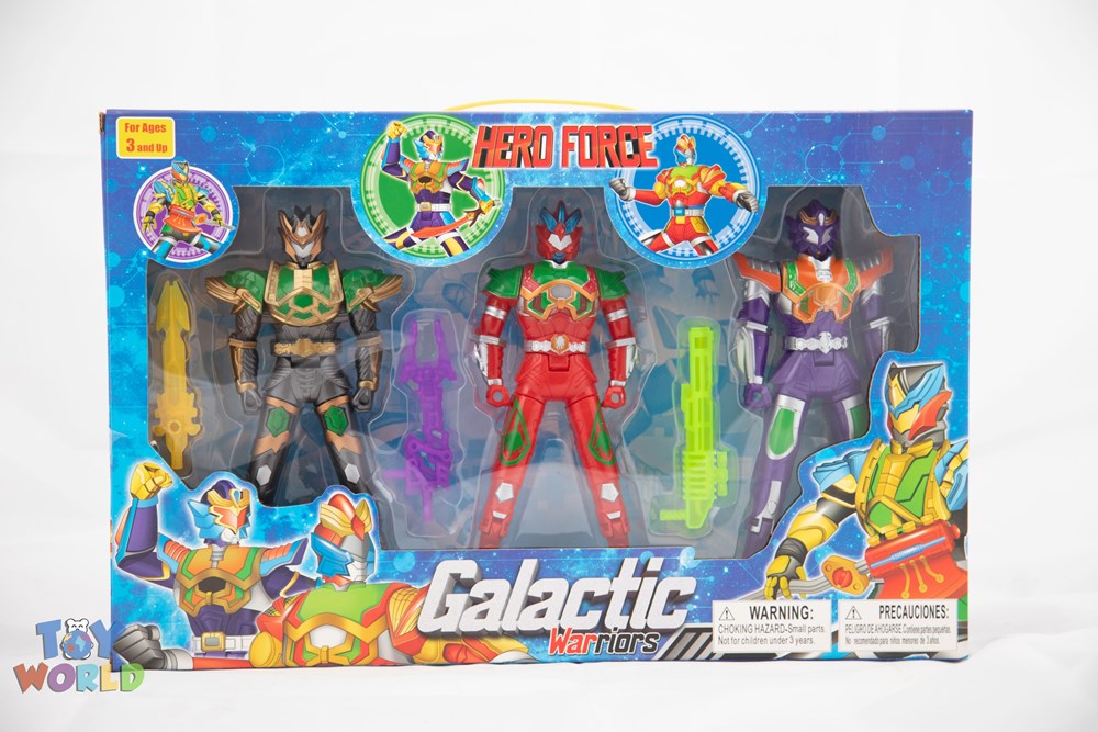 Three colorful warrior action figures in green, red, and purple with matching weapons in clear retail packaging labeled.