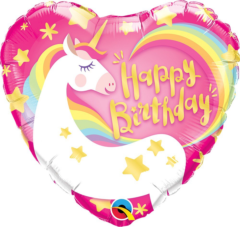 Heart-shaped pink foil balloon with a white unicorn, colorful rainbow, and gold stars, "Happy Birthday" text in gold cursive.