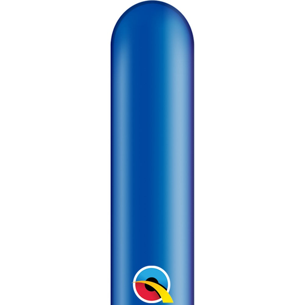 Sapphire blue elongated latex balloon with Qualatex Q logo near the base.